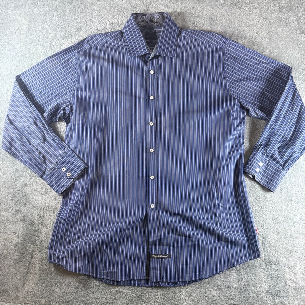 English Laundry Mens Blue Striped Button Down Shirt Paisley Trim XL